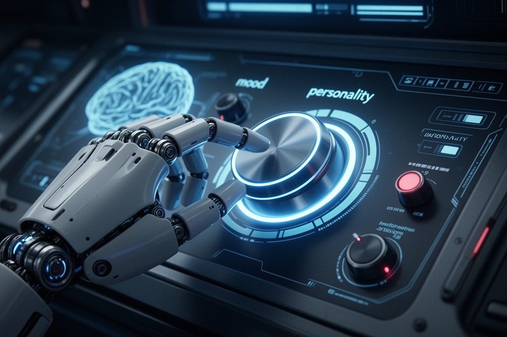 A robotic hand turning a glowing dial on a futuristic control panel to adjust the 'mood' and 'person