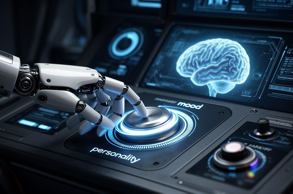 A robotic hand turning a glowing dial on a futuristic control panel to adjust the 'mood' and 'person