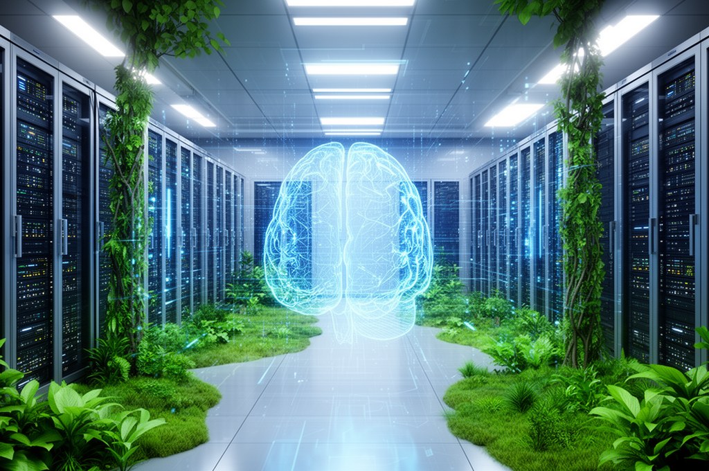 Futuristic data center with AI technology and environmental elements
