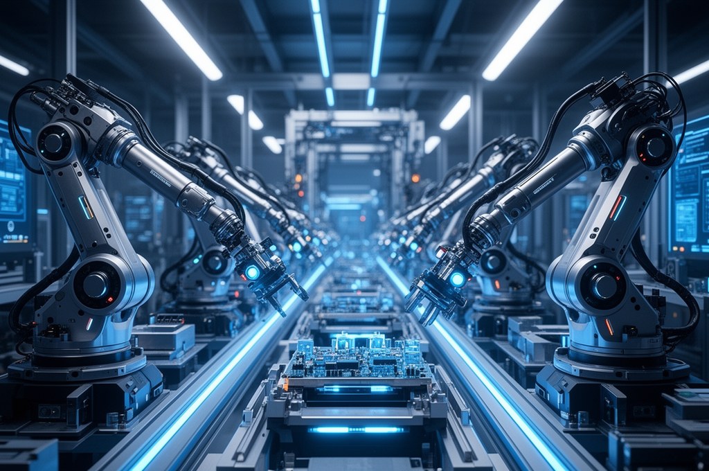 futuristic robots collaborating in a 3D space