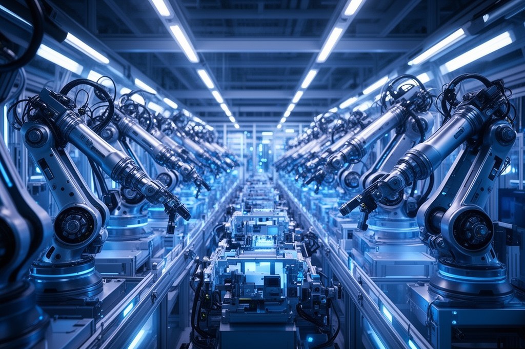 futuristic robots collaborating in a 3D space