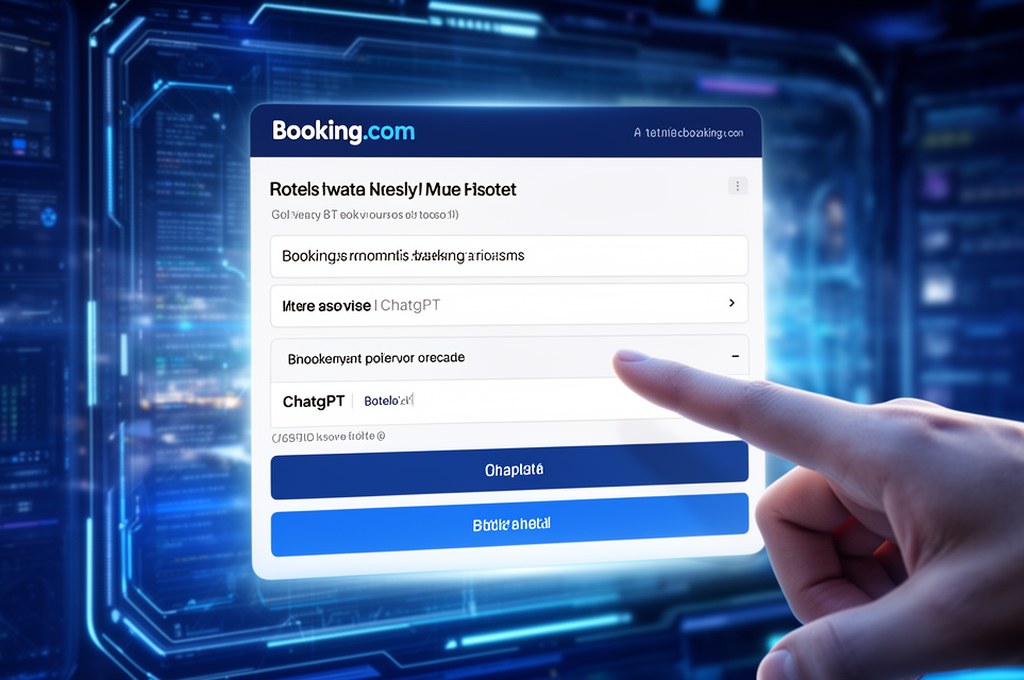 User interacting with ChatGPT to book a hotel via Booking.com, futuristic concept