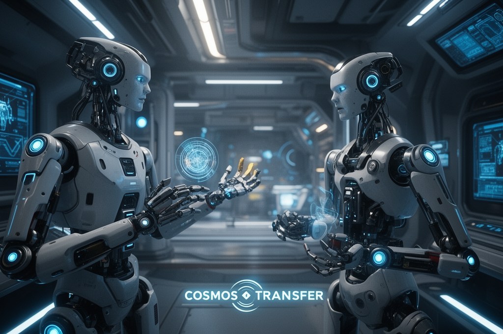 Futuristic robotic environment created with Cosmos Transfer, showcasing realistic lighting and objec