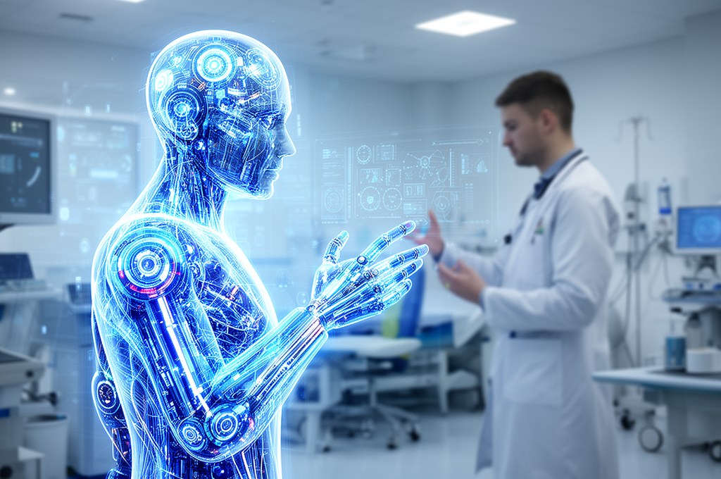 Futuristic AI model concept explanation in healthcare setting