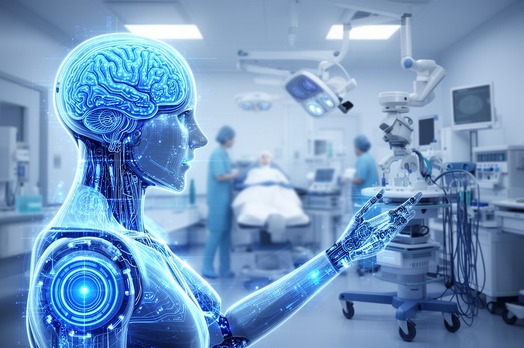 Futuristic AI model concept explanation in healthcare setting