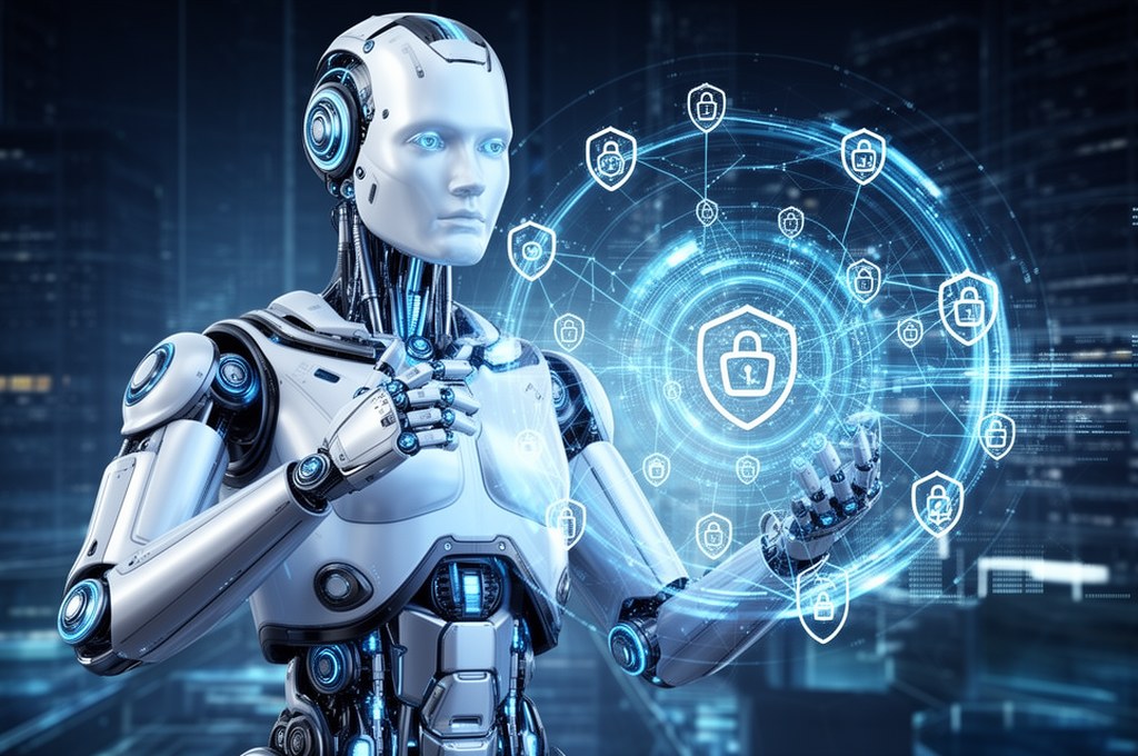 Futuristic AI defending a digital network