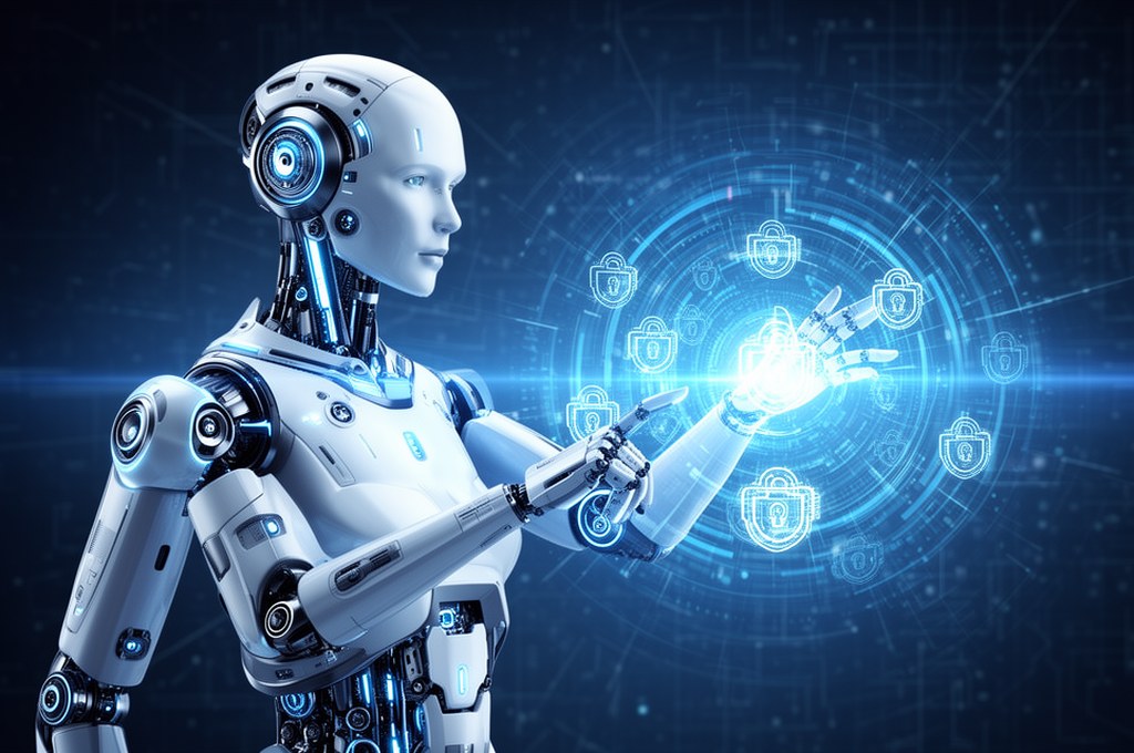 Futuristic AI defending a digital network