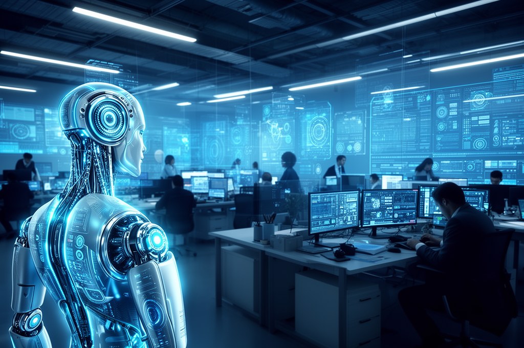 Futuristic AI integration in high-tech workplace