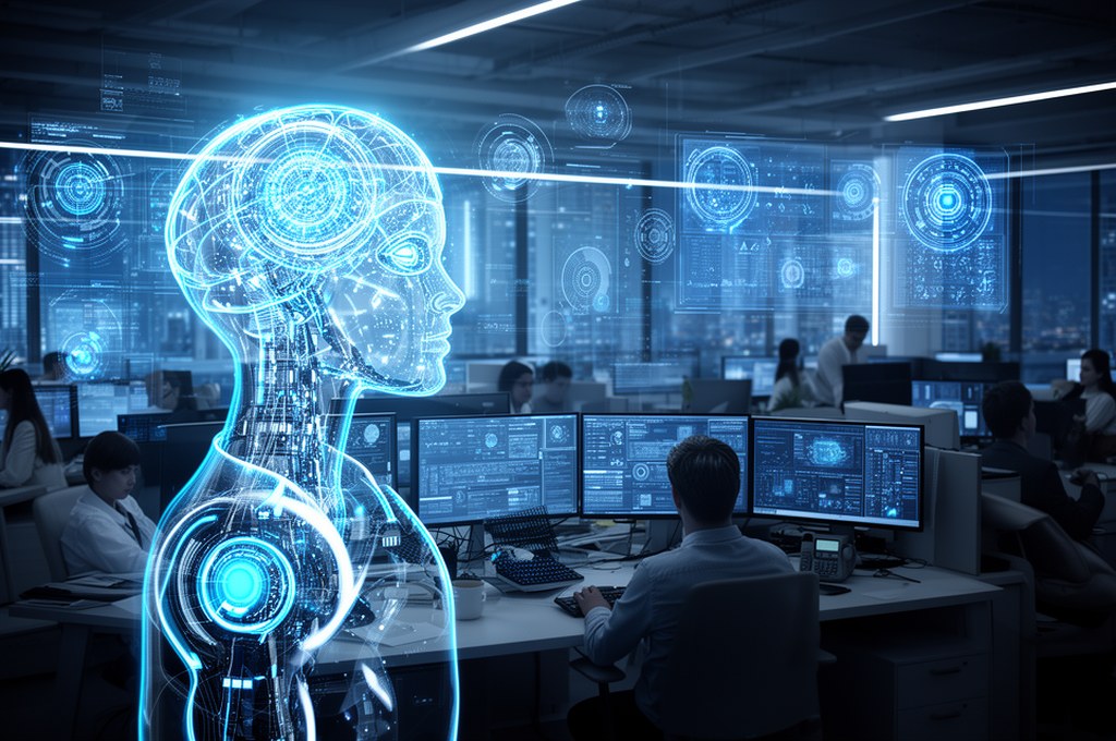 Futuristic AI integration in high-tech workplace