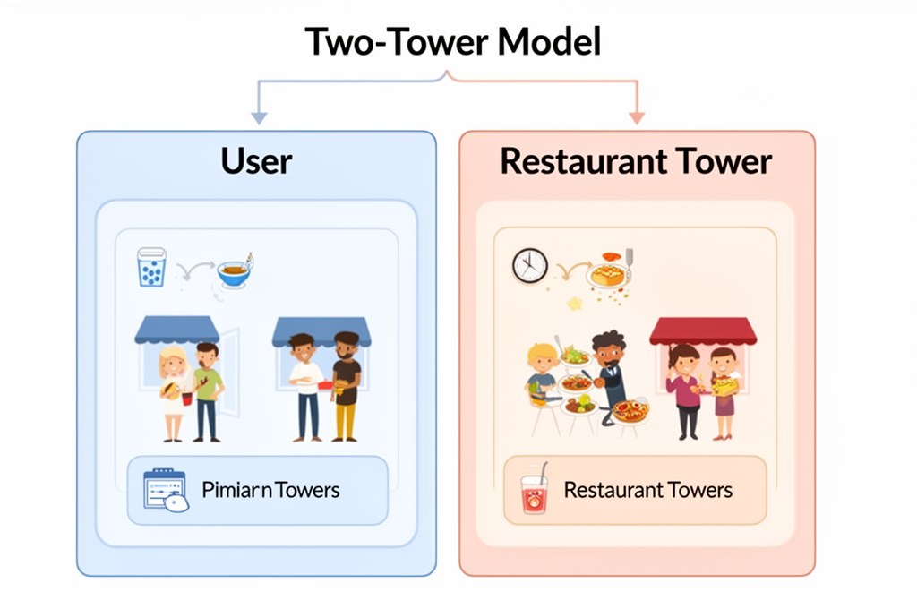 Diagram of the Two-Tower model showing user and restaurant towers