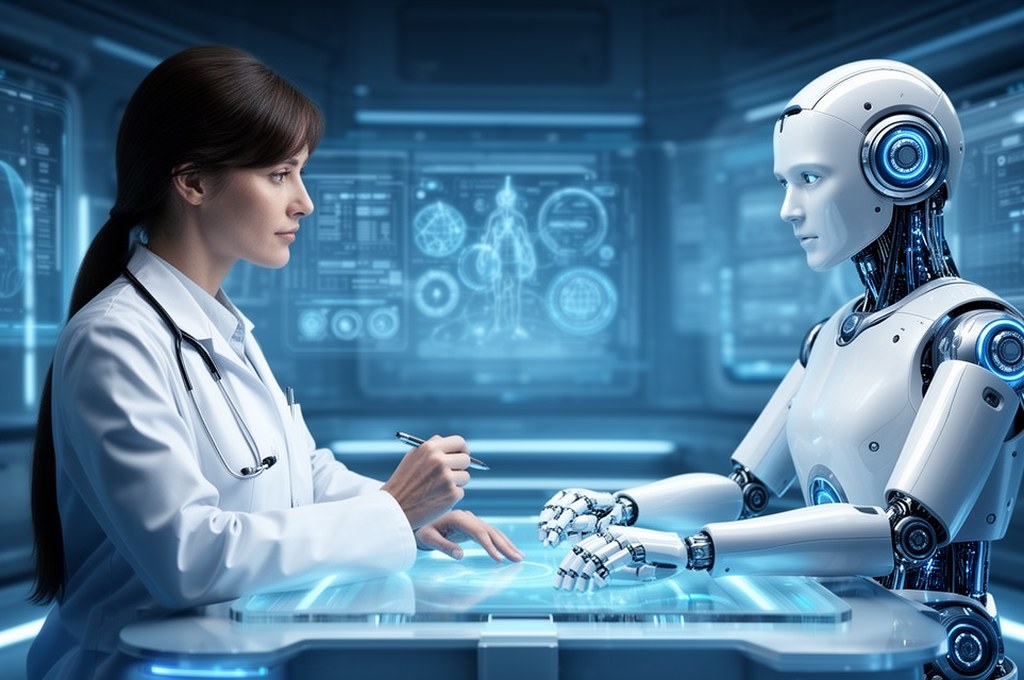 Futuristic AI medical consultation with human and robot collaboration