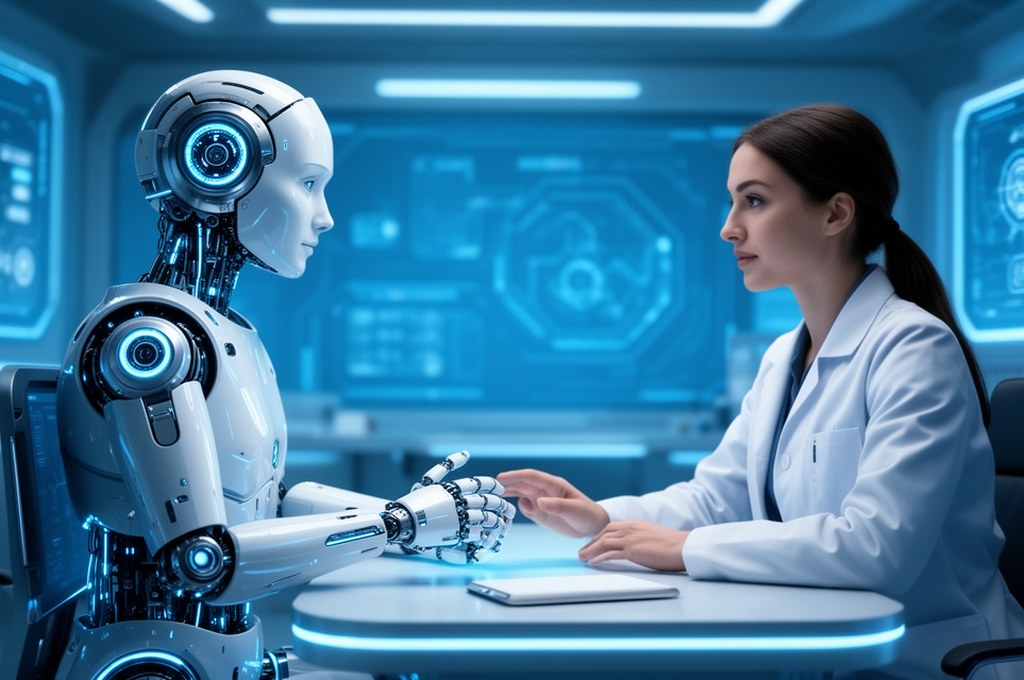 Futuristic AI medical consultation with human and robot collaboration