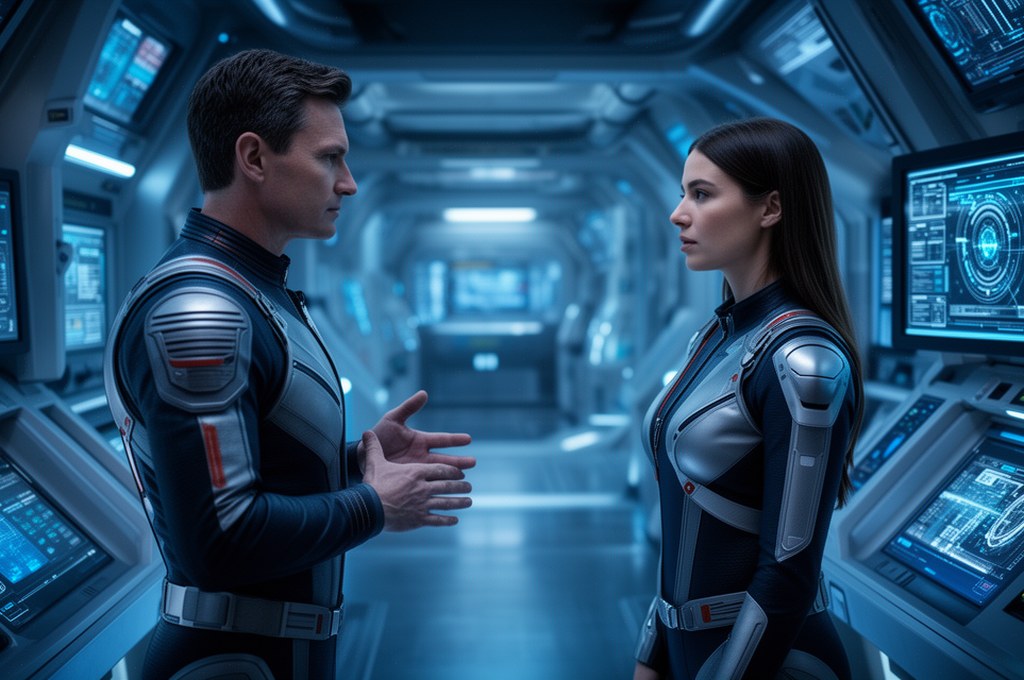 AI interacting with human in futuristic setting