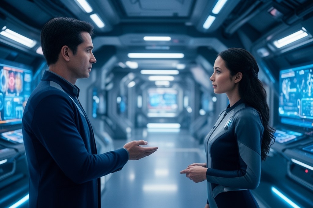 AI interacting with human in futuristic setting