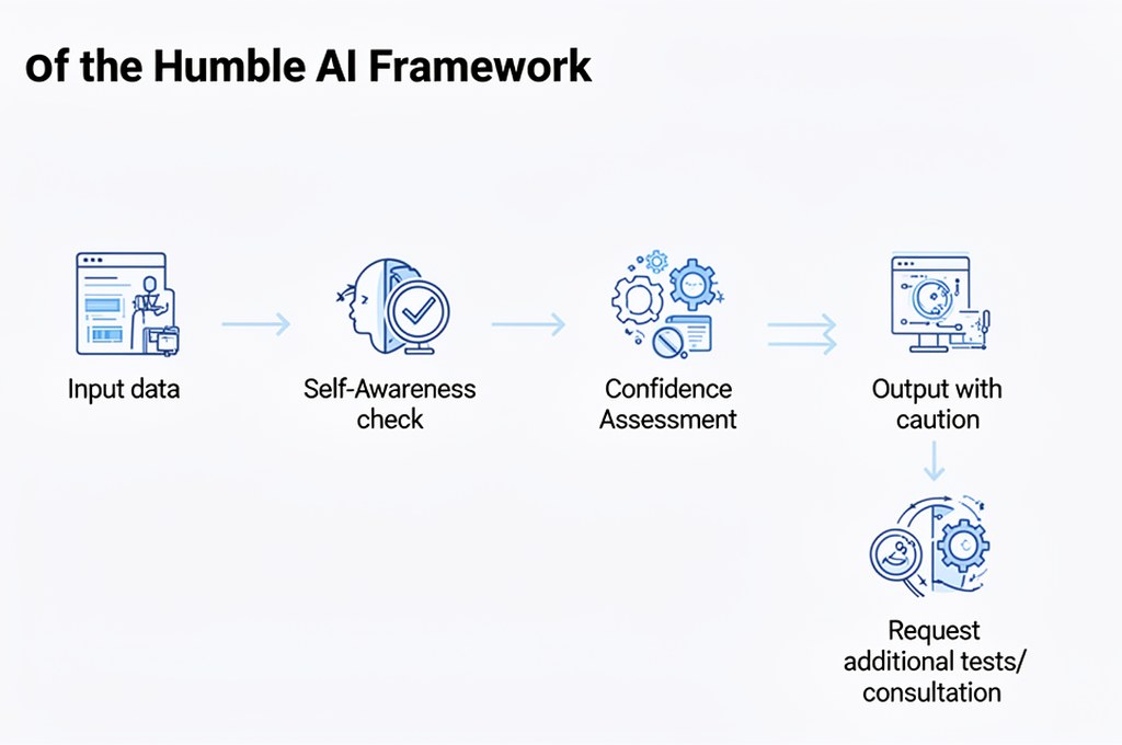 Diagram showing the flow of the humble AI framework: input data -> self-awareness check -> confidenc