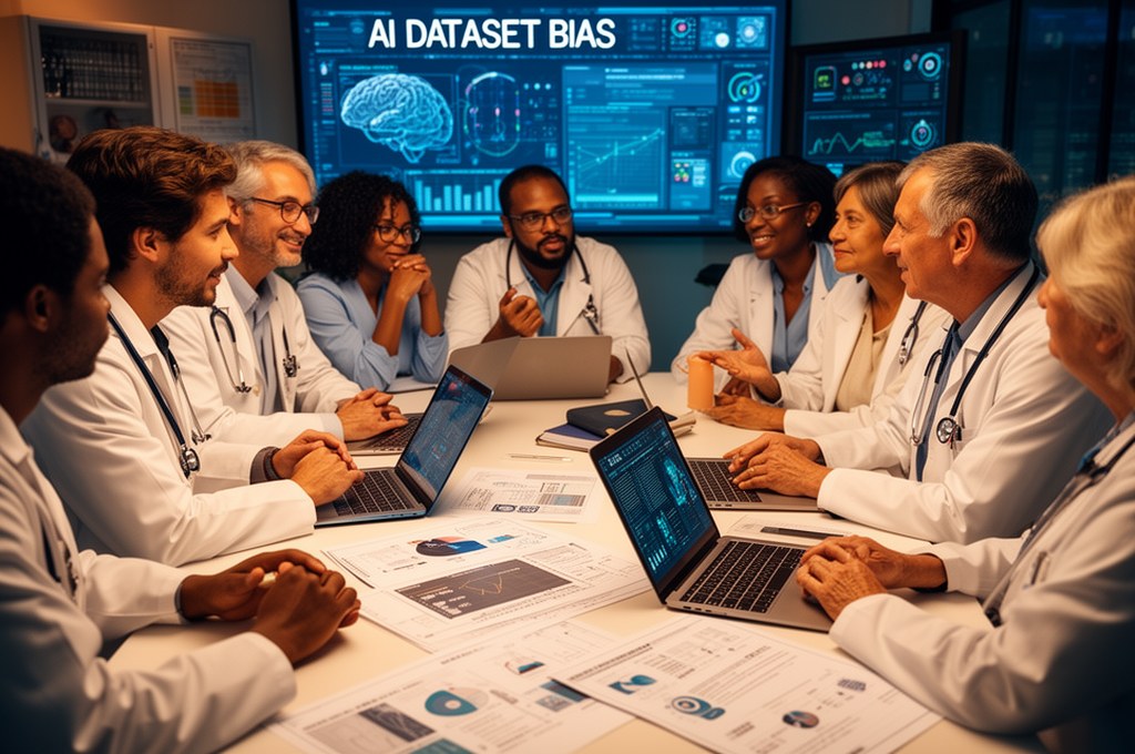 A diverse group of data scientists, doctors, and patients collaborating around a table with laptops 