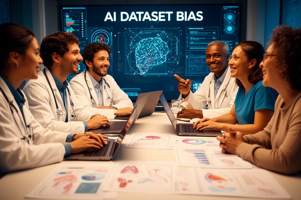 A diverse group of data scientists, doctors, and patients collaborating around a table with laptops 