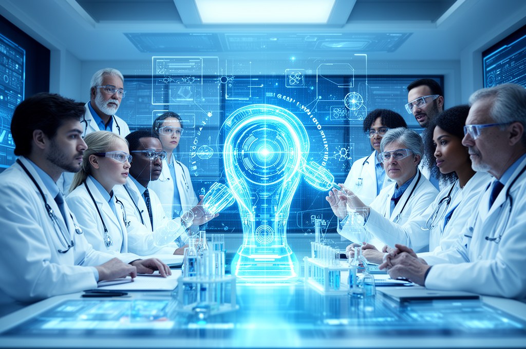 Futuristic AI system interacting with diverse team of doctors and scientists