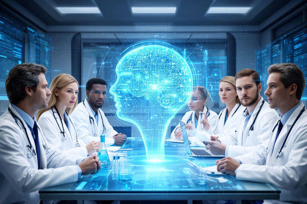 Futuristic AI system interacting with diverse team of doctors and scientists