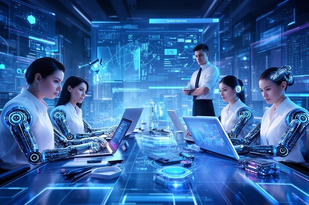 Futuristic AI startup team working on safety solutions, futuristic concept