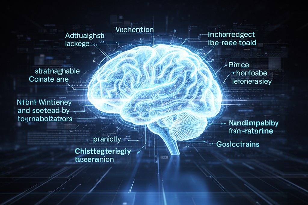 AI model transforming abstract concepts into human-understandable language in a futuristic concept.