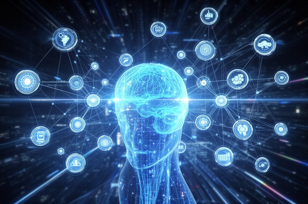 Futuristic AI concept with interconnected knowledge graphs. Futuristic concept.