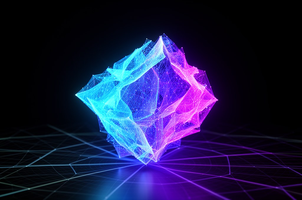 Abstract 3D visualization of high-dimensional data space, a glowing geometric shape being rotated in
