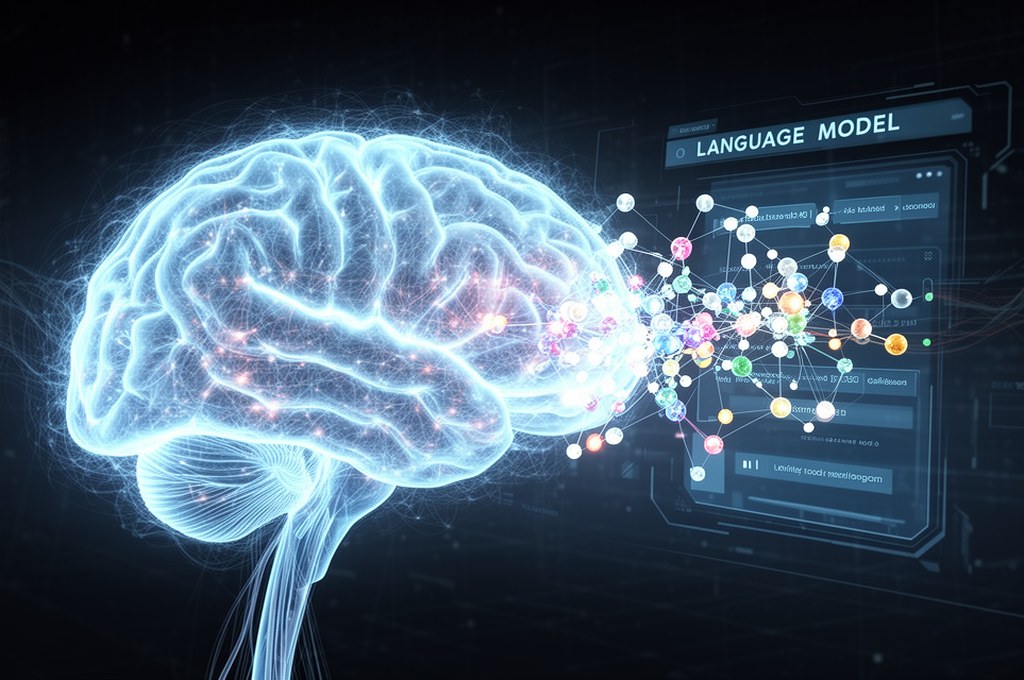 A glowing artificial brain connected to a language model interface, removing biased nodes, clean, fu
