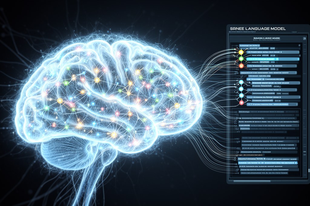 A glowing artificial brain connected to a language model interface, removing biased nodes, clean, fu